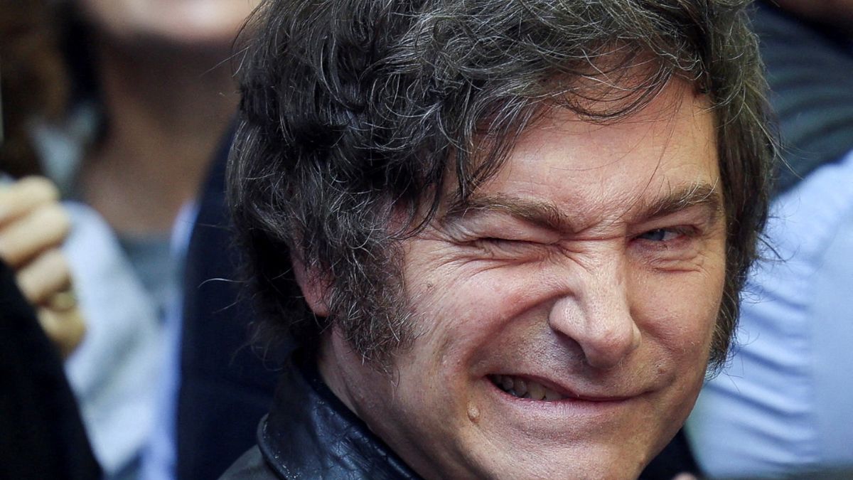 Presidente Javier Milei A imagem é um retrato em plano muito fechado do rosto do político argentino Javier Milei. Ele está em primeiro plano, com o rosto virado ligeiramente para a esquerda. Sua expressão é intensa e caricata: ele sorri amplamente, mostrando os dentes, e aperta o olho direito (piscando ou semicerrando) de forma exagerada, o que acentua as rugas de expressão ao redor dos olhos.