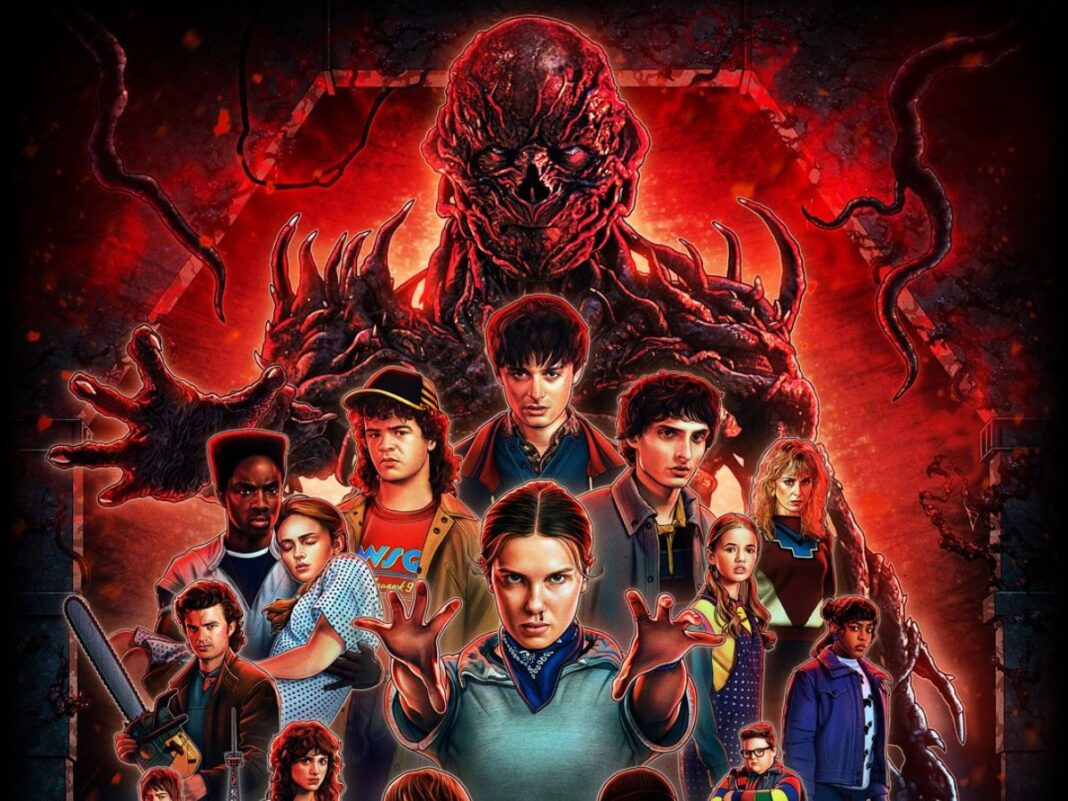 stranger-things A imagem conta com um monstro vermelho no centro e abaixo estão distribuídos homens e mulheres, alguns seguram armas e outros apenas olham para frente.
